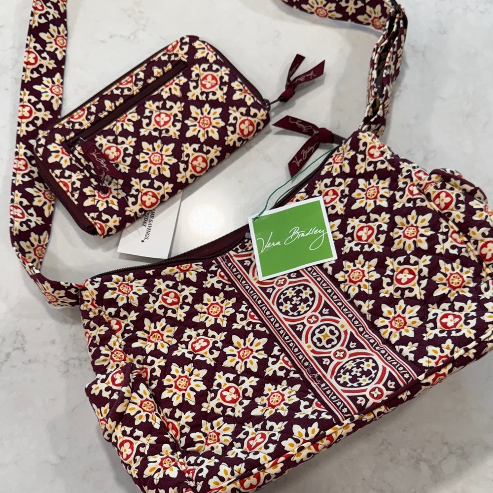 NWT Vera Bradley Burgundy and Yellow Floral Crossbody Bag and Wallet